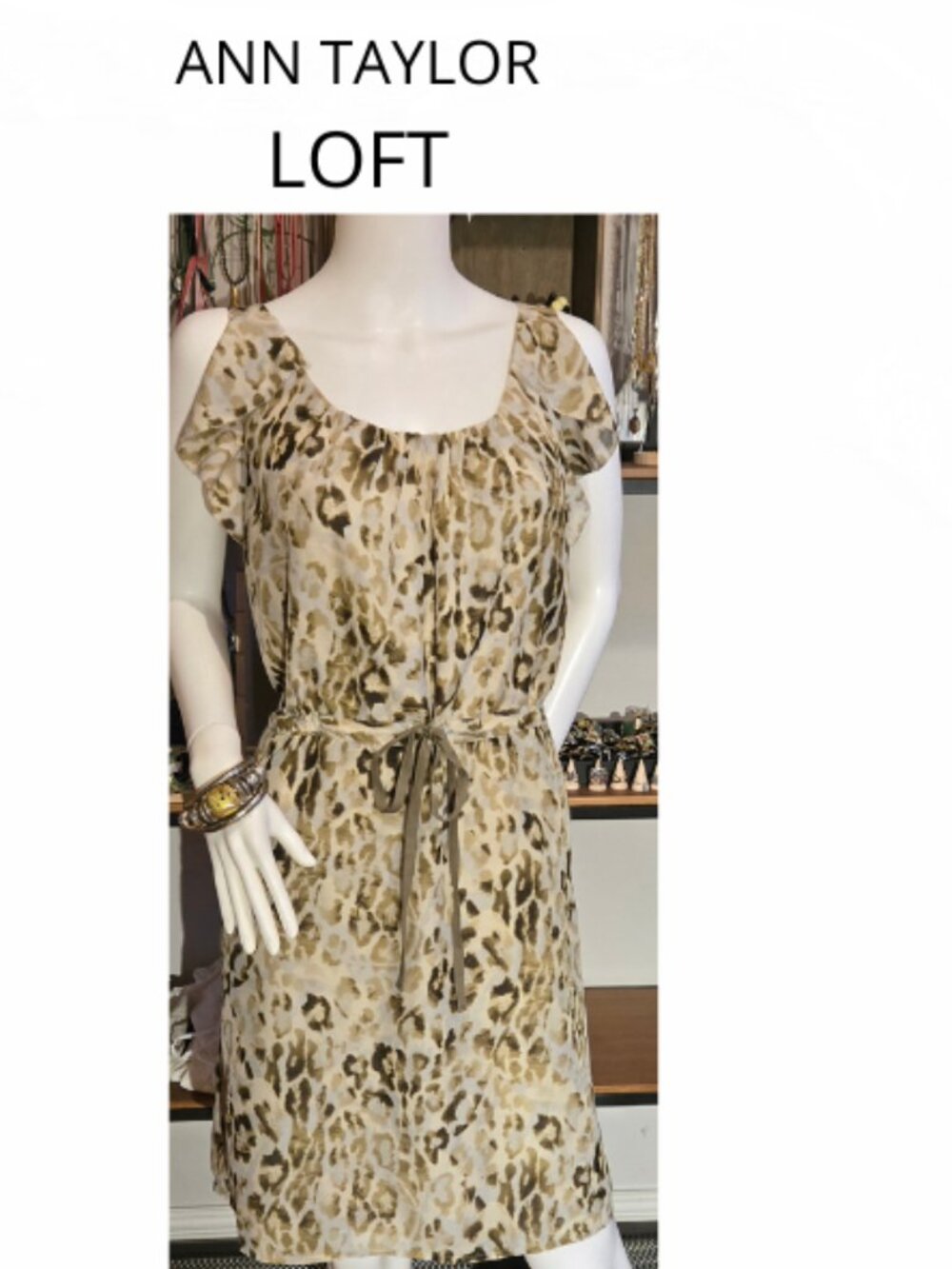 Green Beige Printed Drawstring Pocketed Summer Dress size 12 L